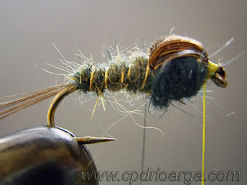 Sujetamos el saco alar y anudamos finalizando el montaje ninfa2 baetis rhodani 7