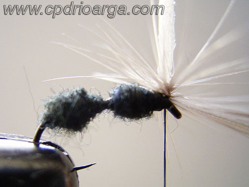 Enrollamos la pluma y anudamos finalizando el montaje hormiga 7